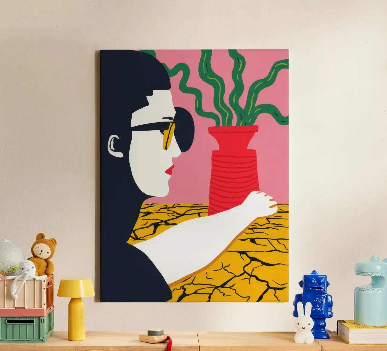 Red Vase Contemplation canvas with Floater frame by Muse Artworks