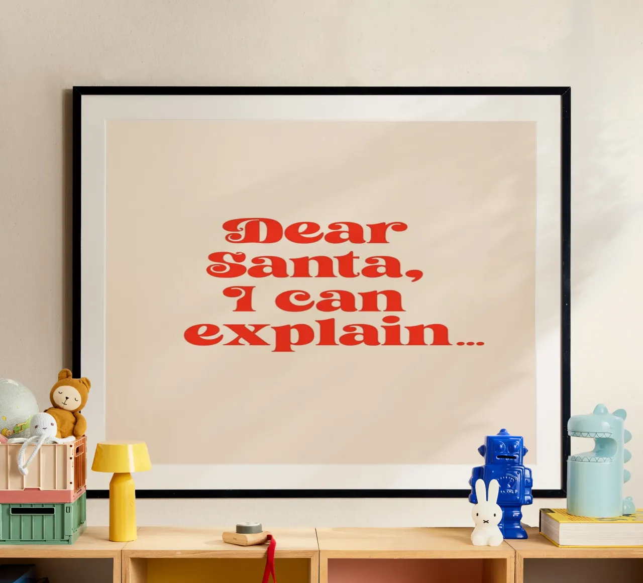 Impresión navideña Dear Santa I Can Explain poster con marco de plástico de Ayleen