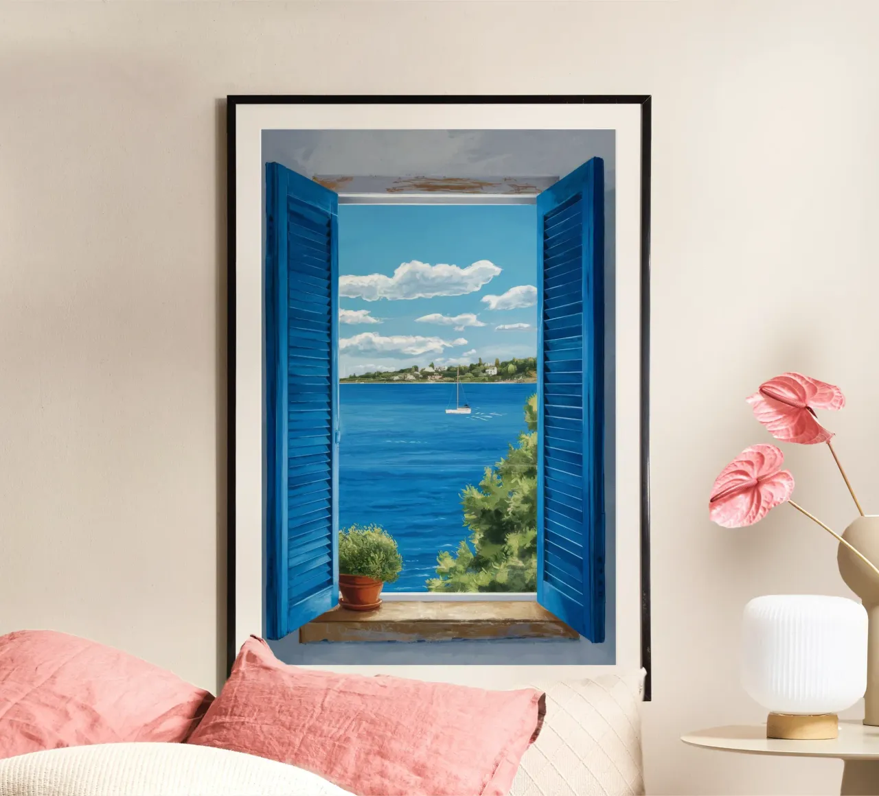 Mare blu dell'otturatore poster con telaio in legno da FadeAura