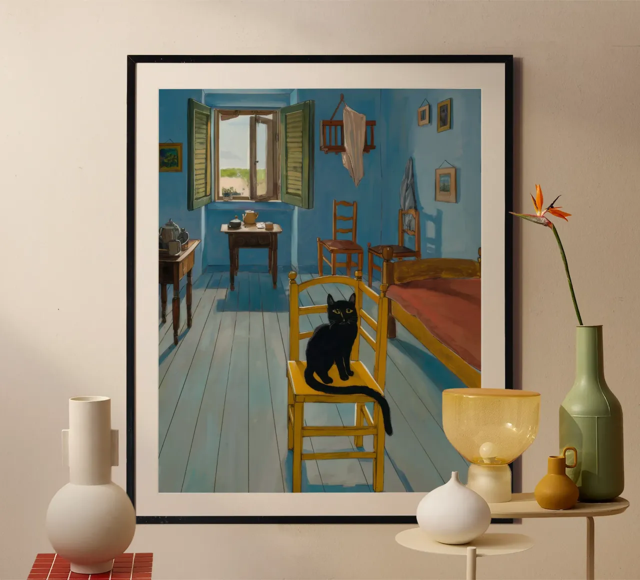 Sedia gialla felina poster con telaio in alluminio da FadeAura