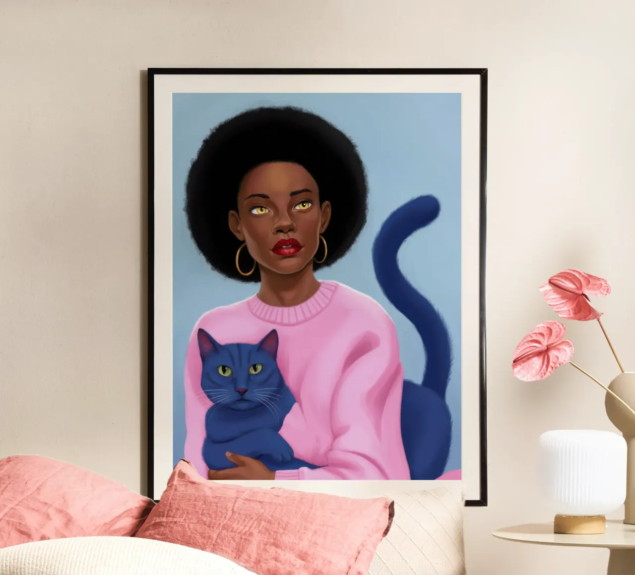 Abbraccio di gatto azzurro poster con telaio in alluminio da Marigold Tiga