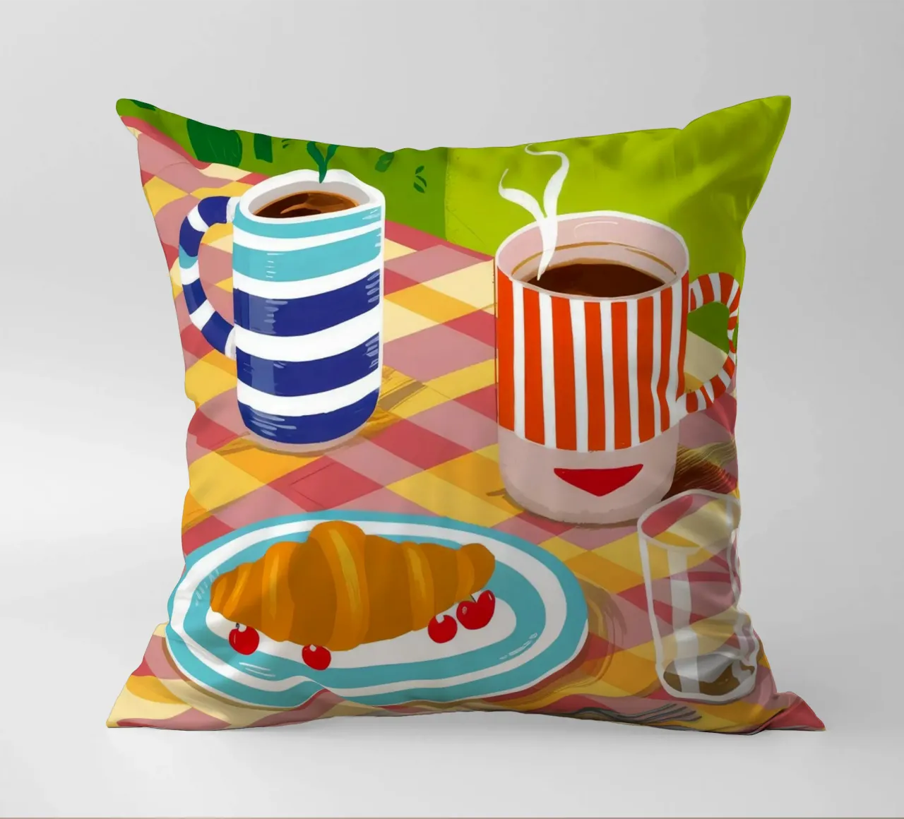 Caffè Croissant Gingham cuscino da Muse Artworks