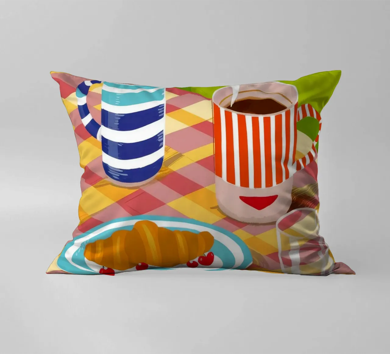 Caffè Croissant Gingham cuscino da Muse Artworks