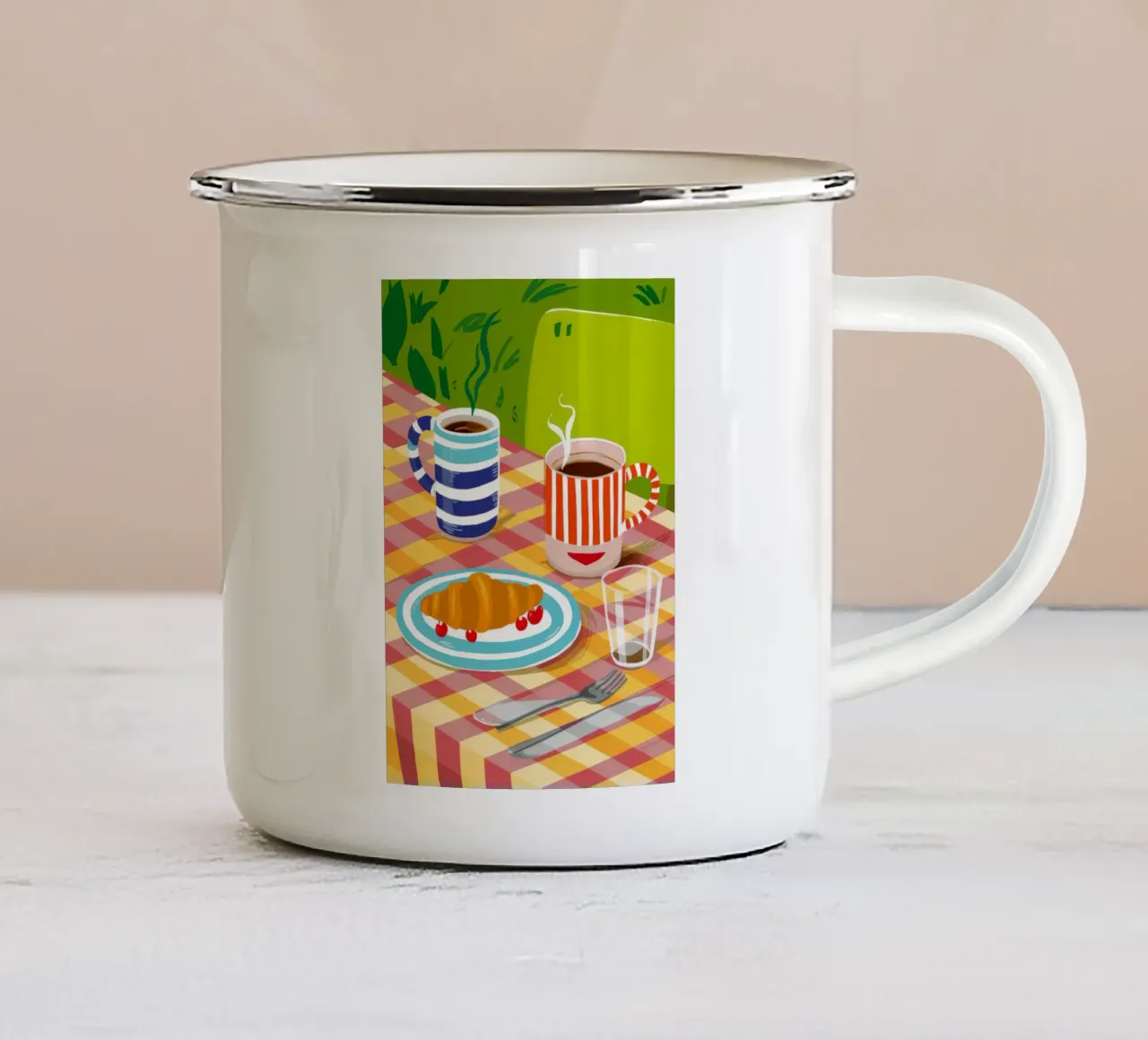 Caffè Croissant Gingham tazza in smalto da Muse Artworks