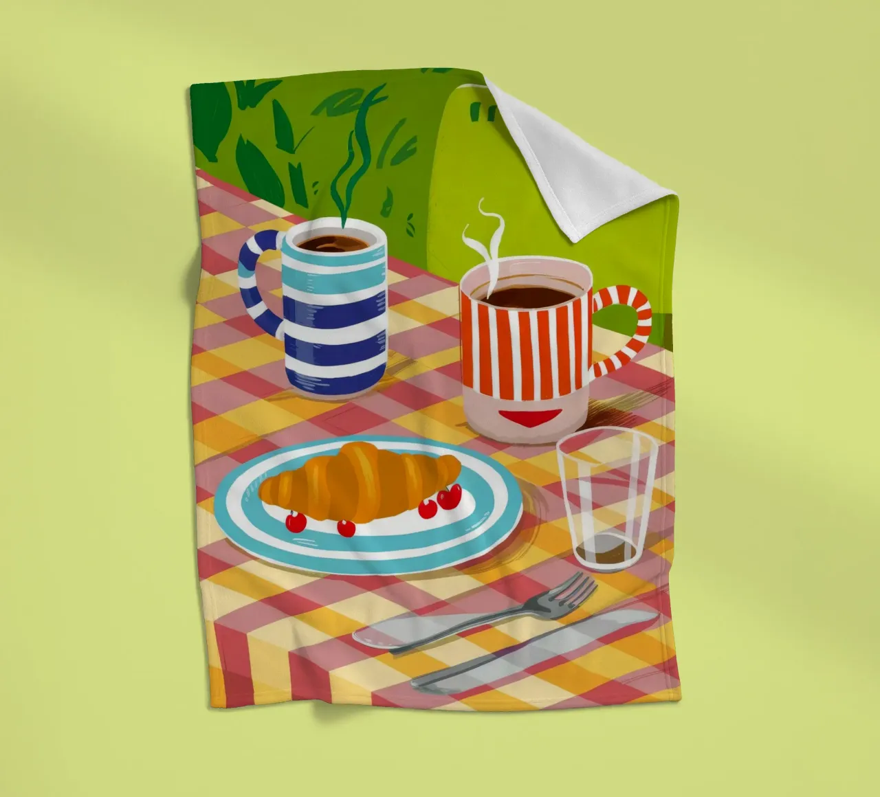 Caffè Croissant Gingham coperta in pile da Muse Artworks