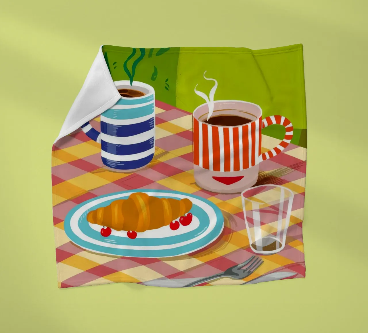 Caffè Croissant Gingham coperta in pile da Muse Artworks