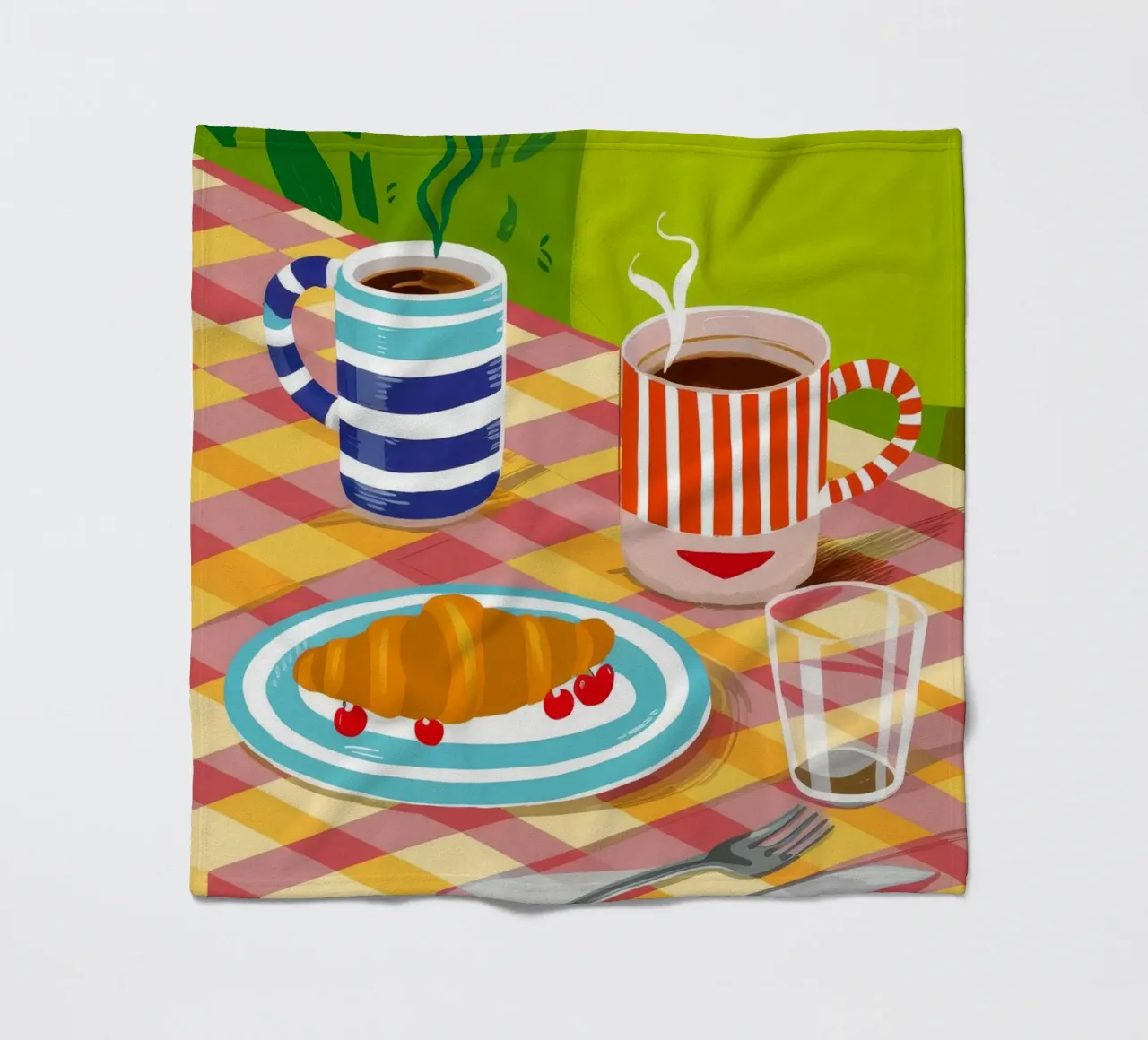 Caffè Croissant Gingham coperta in pile da Muse Artworks