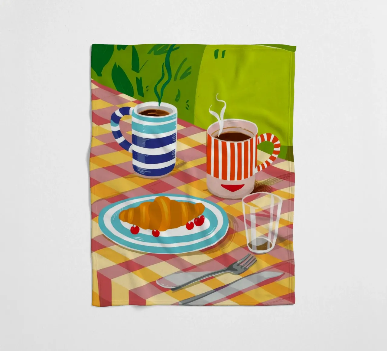 Caffè Croissant Gingham coperta in pile da Muse Artworks