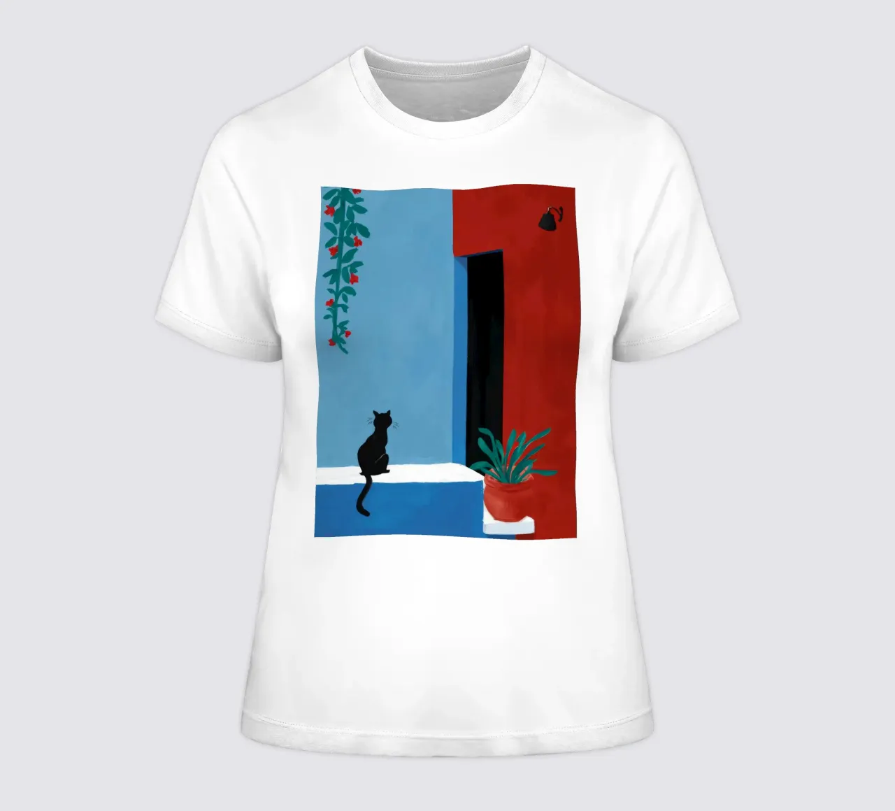 Red Wall Window Cat women's fitted t-shirt by FadeAura