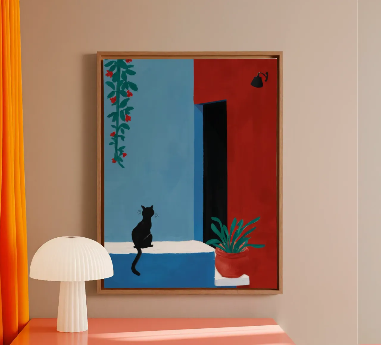 Rode Muur Venster Kat canvas met Baklijst van FadeAura