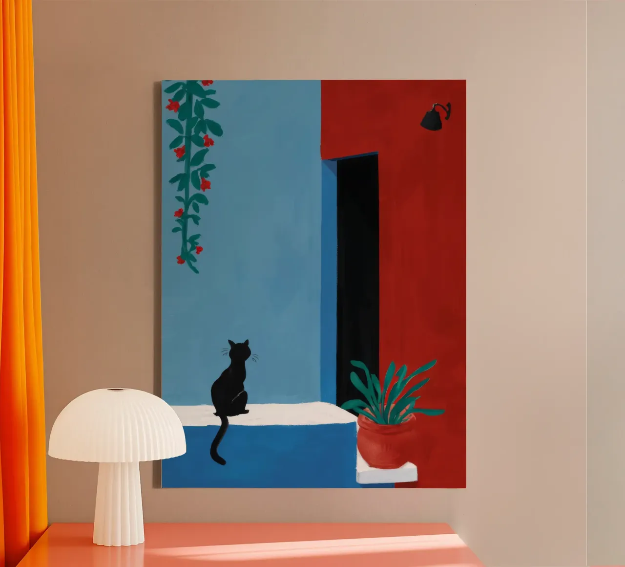 Rode Muur Venster Kat canvas met Baklijst van FadeAura