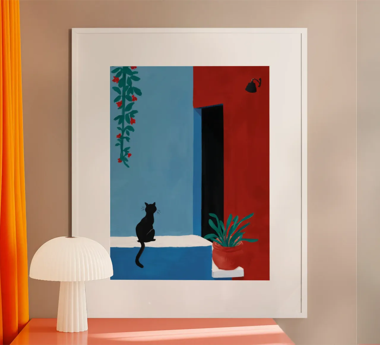 Gatto da parete rosso poster con telaio in legno da FadeAura