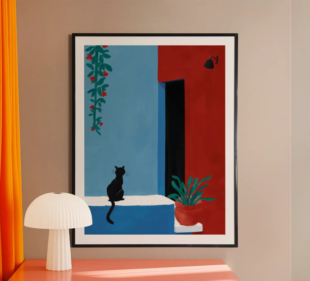 Gatto da parete rosso poster con telaio in legno da FadeAura