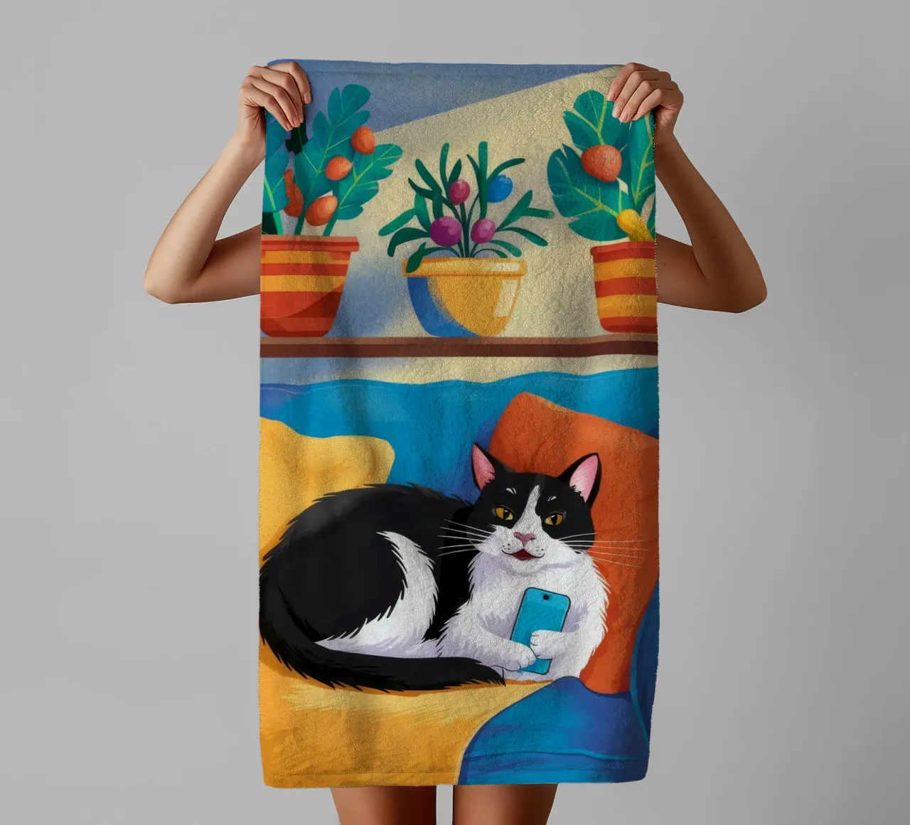 Tuxedo Cat Reading towel by FadeAura