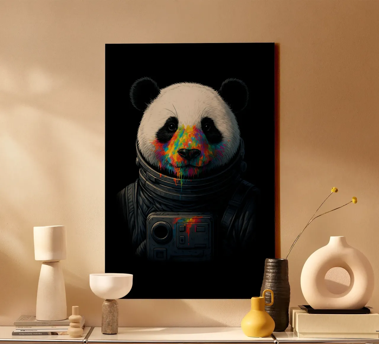 Astronaut Panda with Neon Paint Splash – Colorful Cosmic Art canvas by BadrBrand