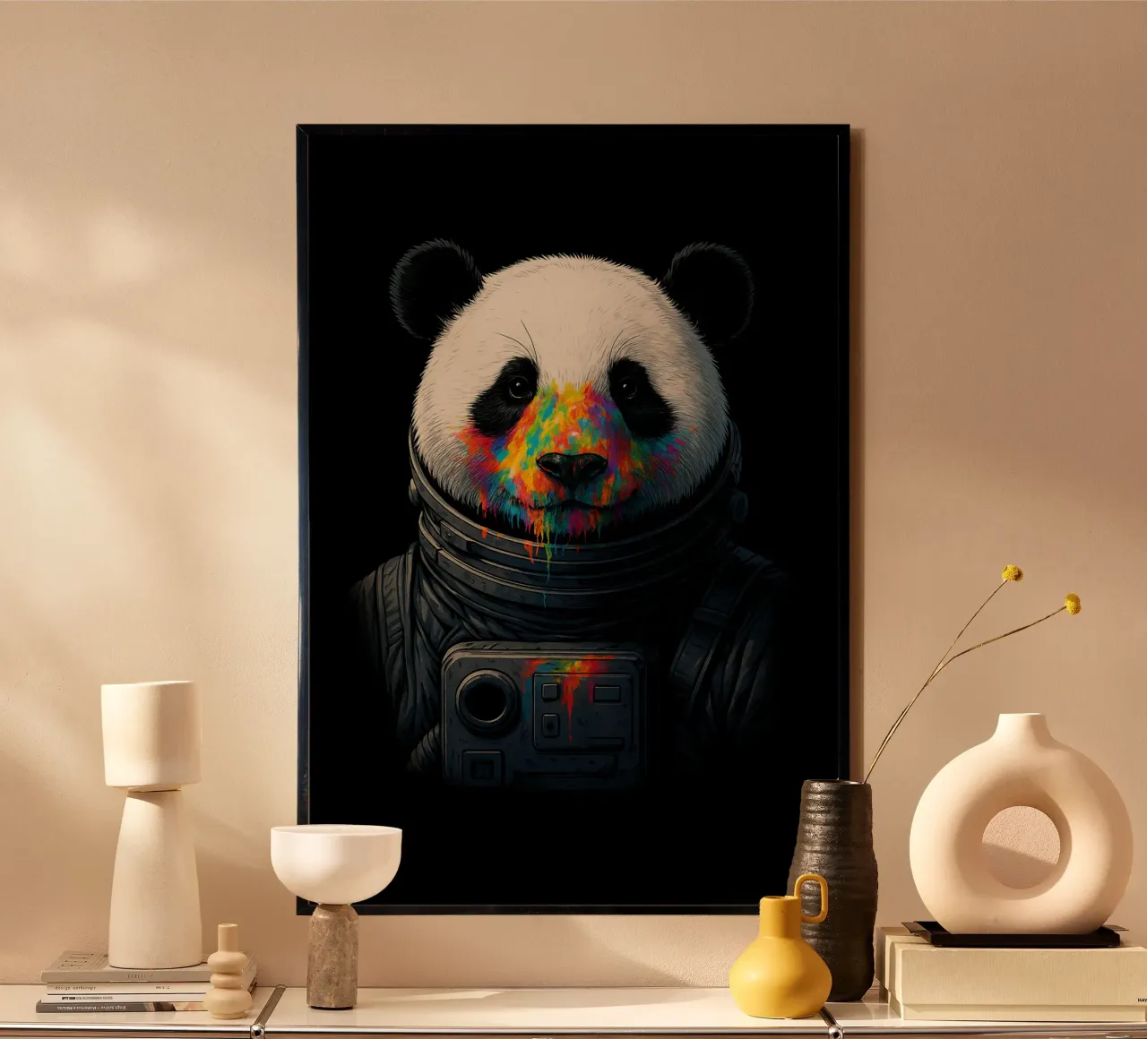 Astronaut Panda mit Neon-Farbspritzern - bunte kosmische Kunst Poster mit Kunststoffrahmen von BadrBrand