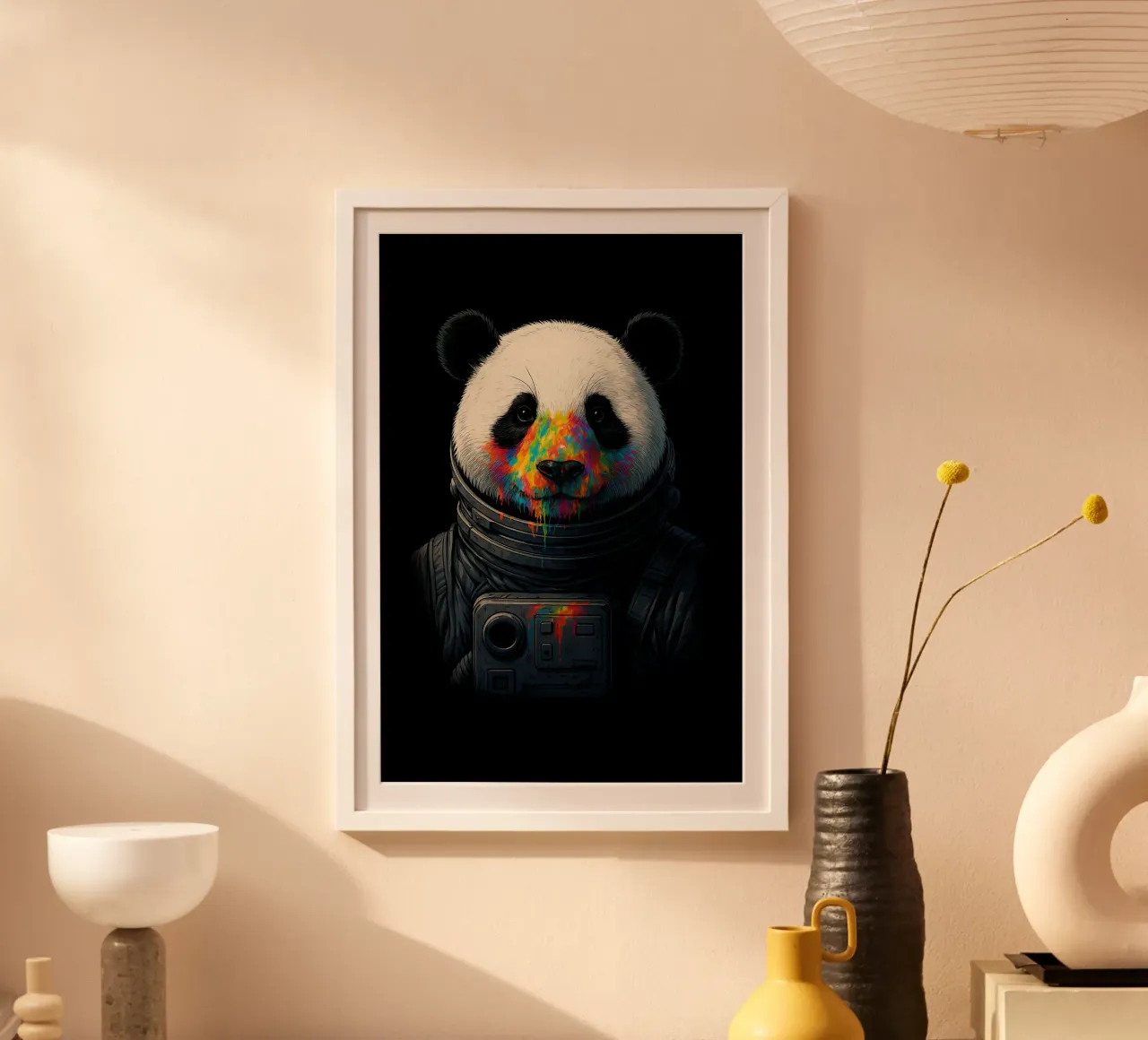 Astronaut Panda mit Neon-Farbspritzern - bunte kosmische Kunst Poster mit Kunststoffrahmen von BadrBrand
