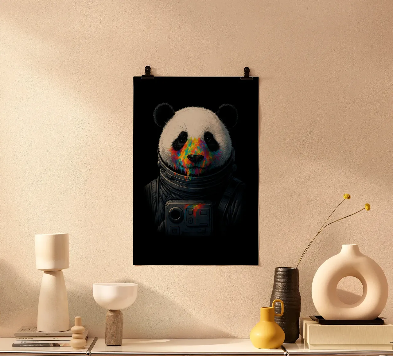 Astronaut Panda mit Neon-Farbspritzern - bunte kosmische Kunst Poster mit Kunststoffrahmen von BadrBrand