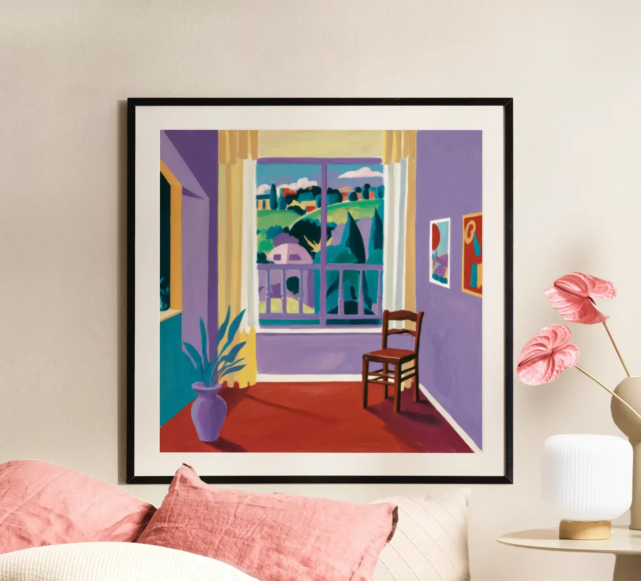 Paesaggio marino delle colline viola poster con telaio in alluminio da Stone Decade