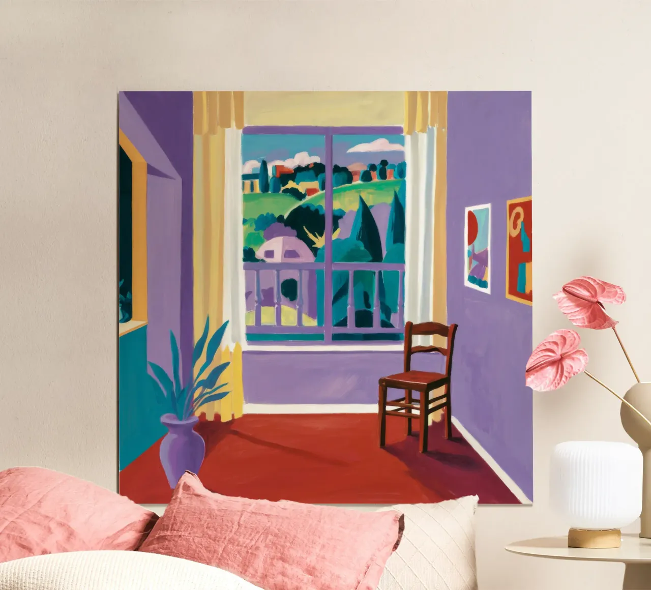Paesaggio marino delle colline viola poster con telaio in alluminio da Stone Decade