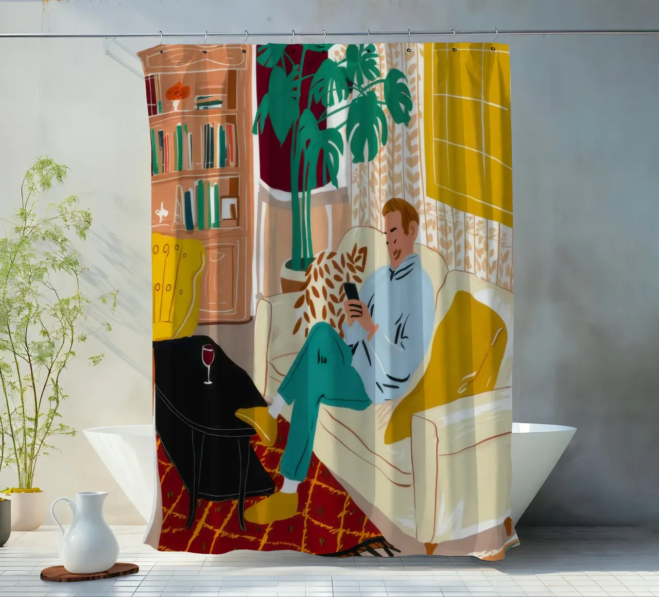 Creative Fireside Reading shower curtain by Marigold Tiga