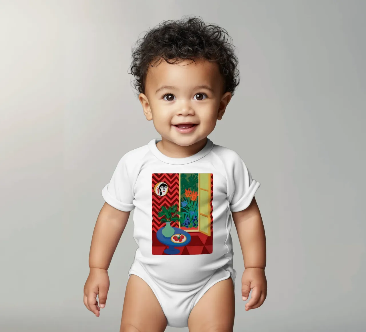 Red Heart Window short-sleeve baby romper by Stone Decade