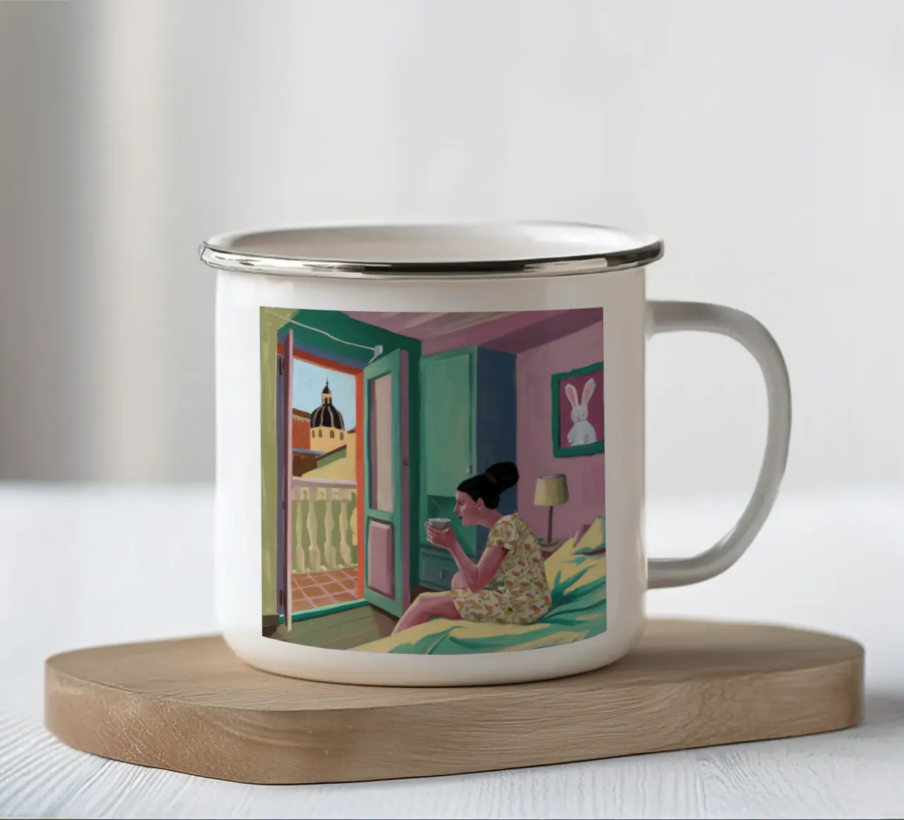 Fuga di lettura sul balcone tazza in smalto da Haven Fantasy