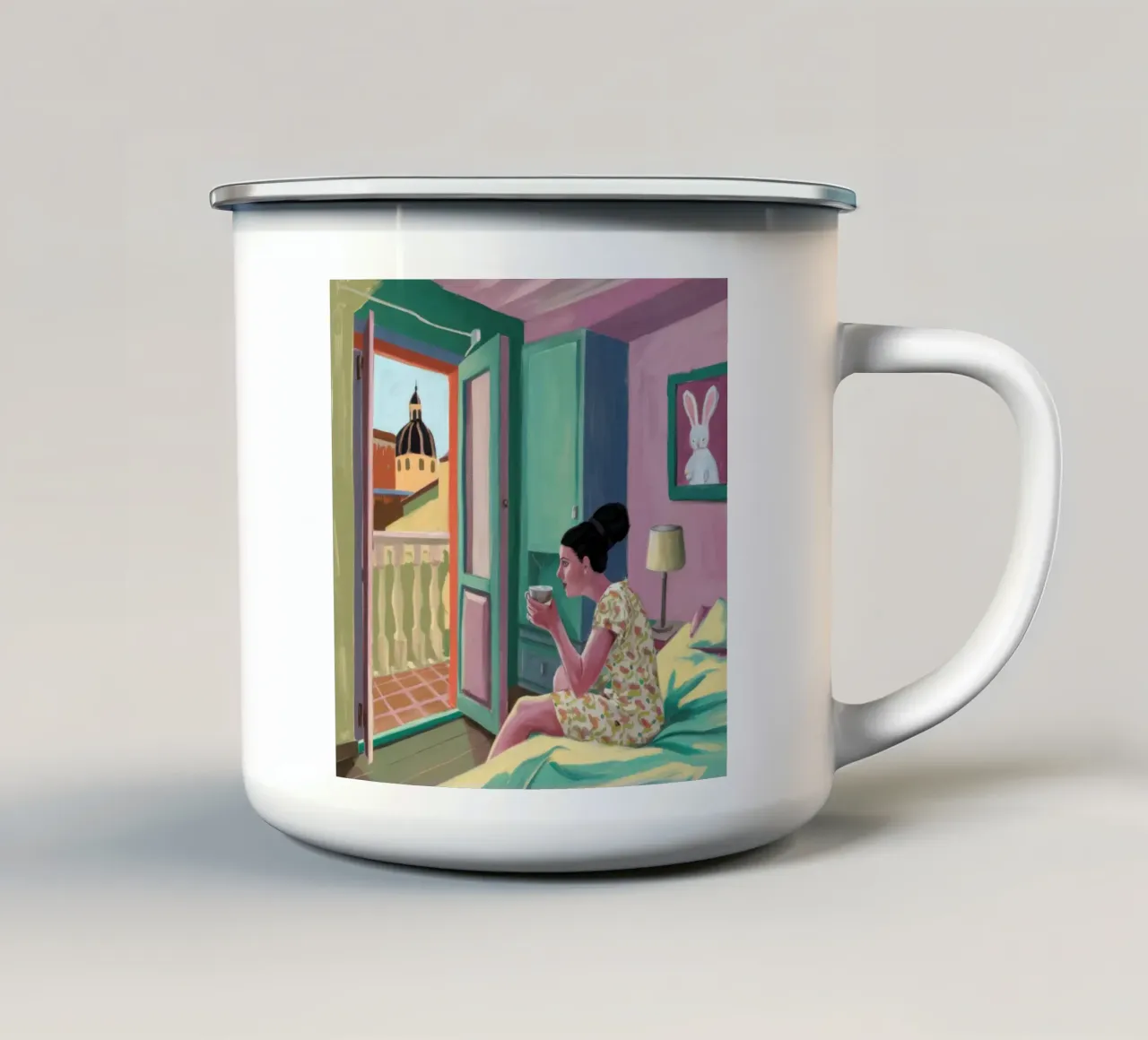 Fuga di lettura sul balcone tazza in smalto da Haven Fantasy