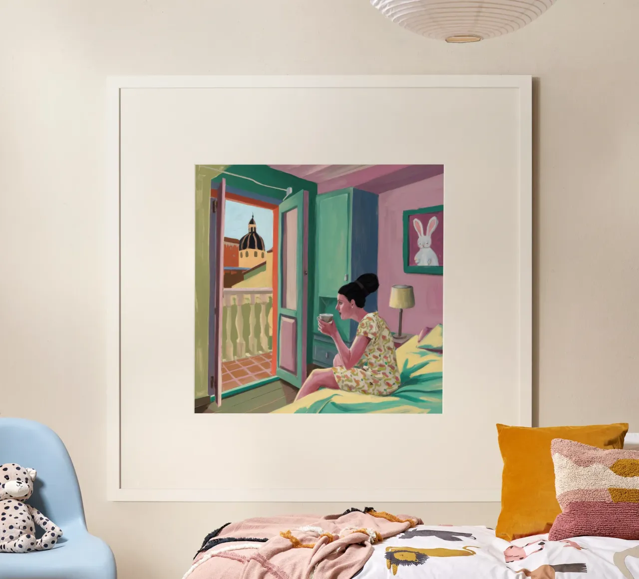 Fuga di lettura sul balcone poster con telaio in plastica da Haven Fantasy