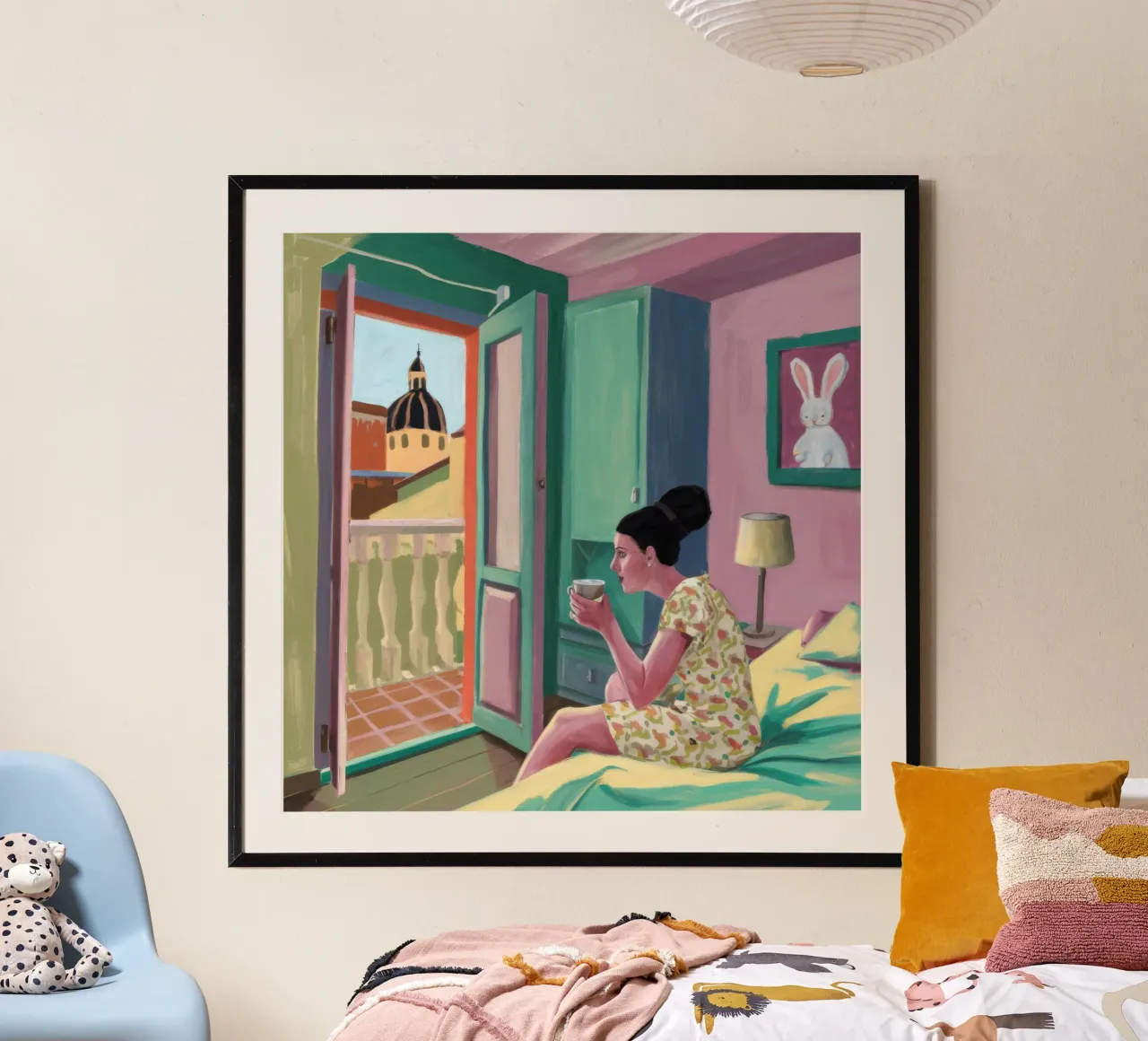 Fuga di lettura sul balcone poster con telaio in plastica da Haven Fantasy