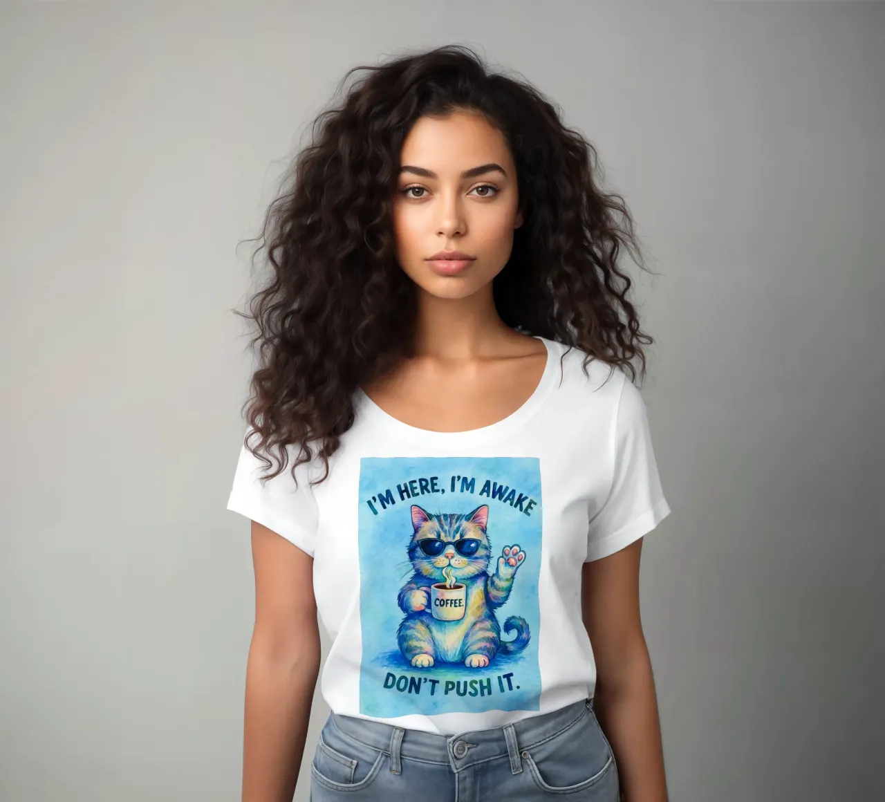 Funny Cat I'm Here I'm Awake Don't Push It women's fitted t-shirt by onerules