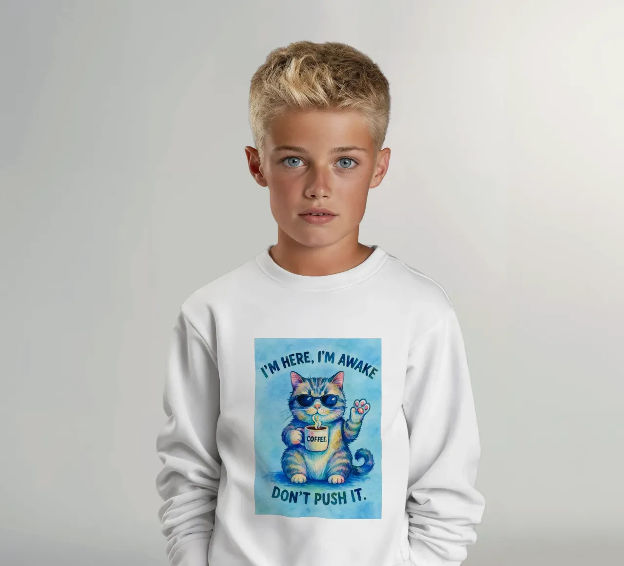 Funny Cat I'm Here I'm Awake Don't Push It kids sweatshirt by onerules
