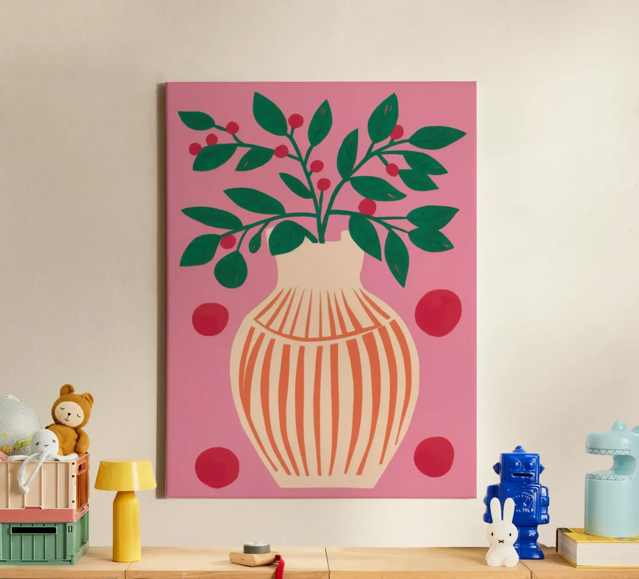 Vaso a righe Pianta rosa tela con Cornice a cassetta da Pale Aura