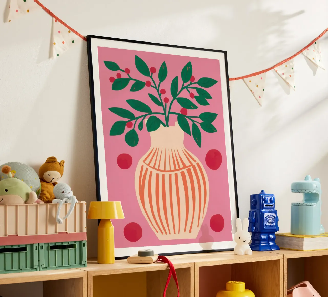 Vaso a righe Pianta rosa poster con telaio in alluminio da Pale Aura