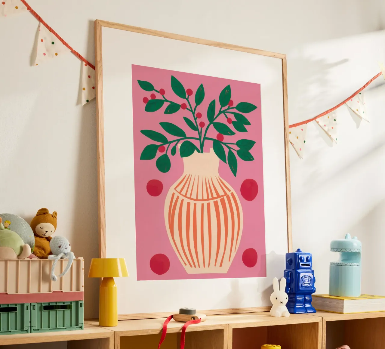 Vaso a righe Pianta rosa poster con telaio in alluminio da Pale Aura