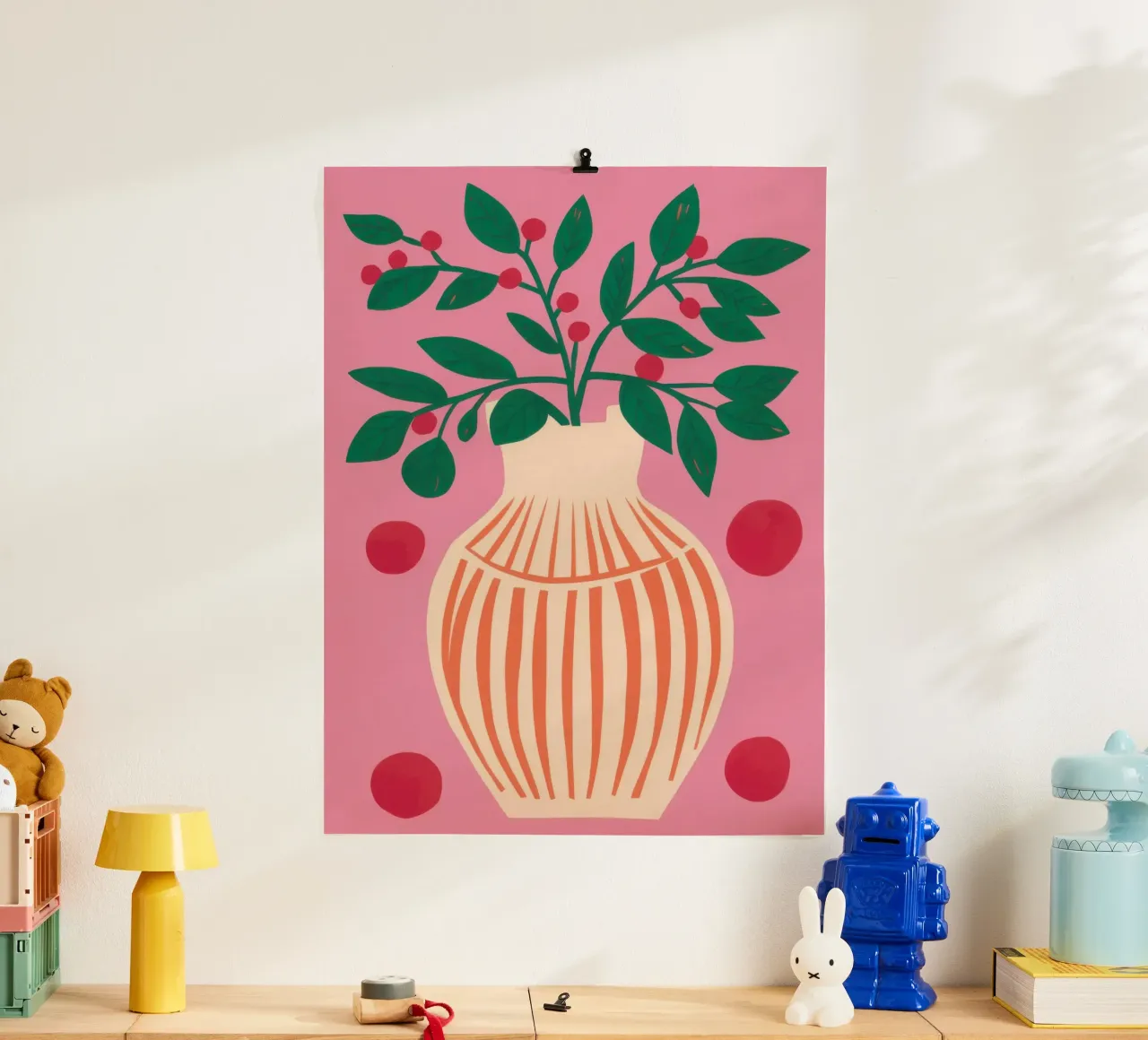 Vaso a righe Pianta rosa poster con telaio in alluminio da Pale Aura
