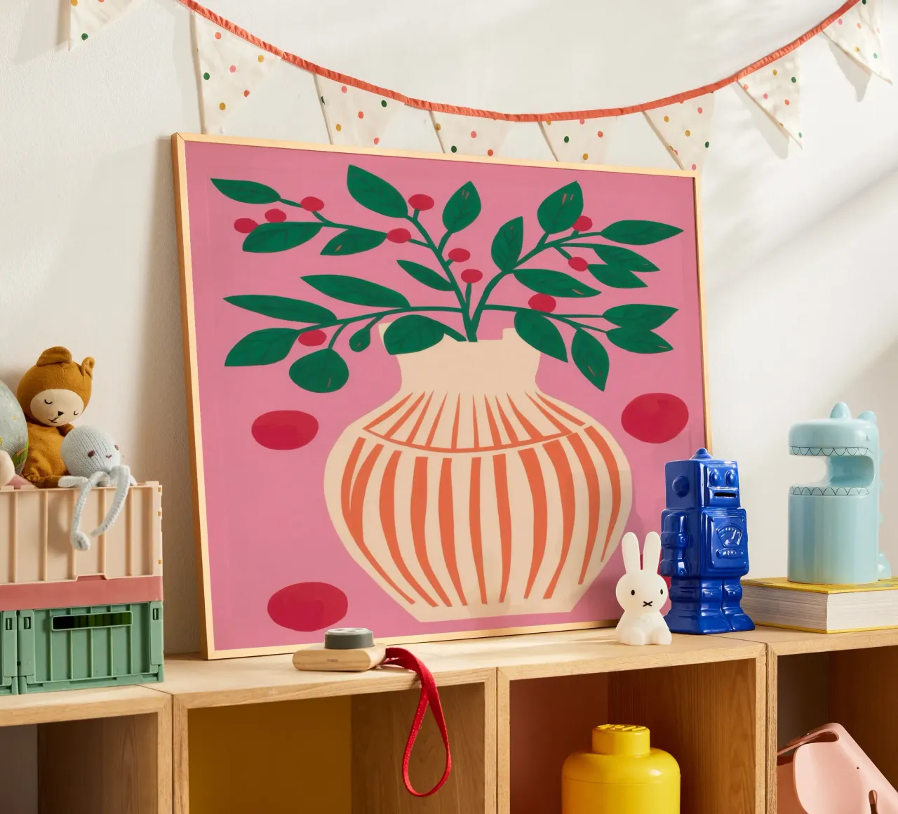 Vaso a righe Pianta rosa poster con telaio in alluminio da Pale Aura