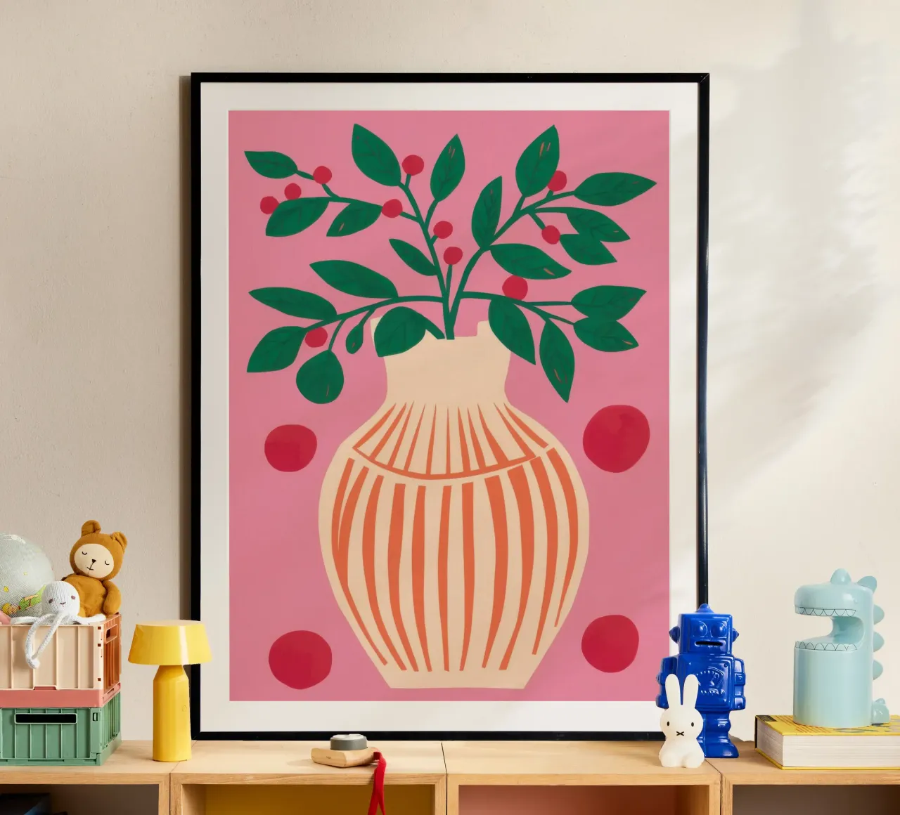 Vaso a righe Pianta rosa poster con telaio in alluminio da Pale Aura
