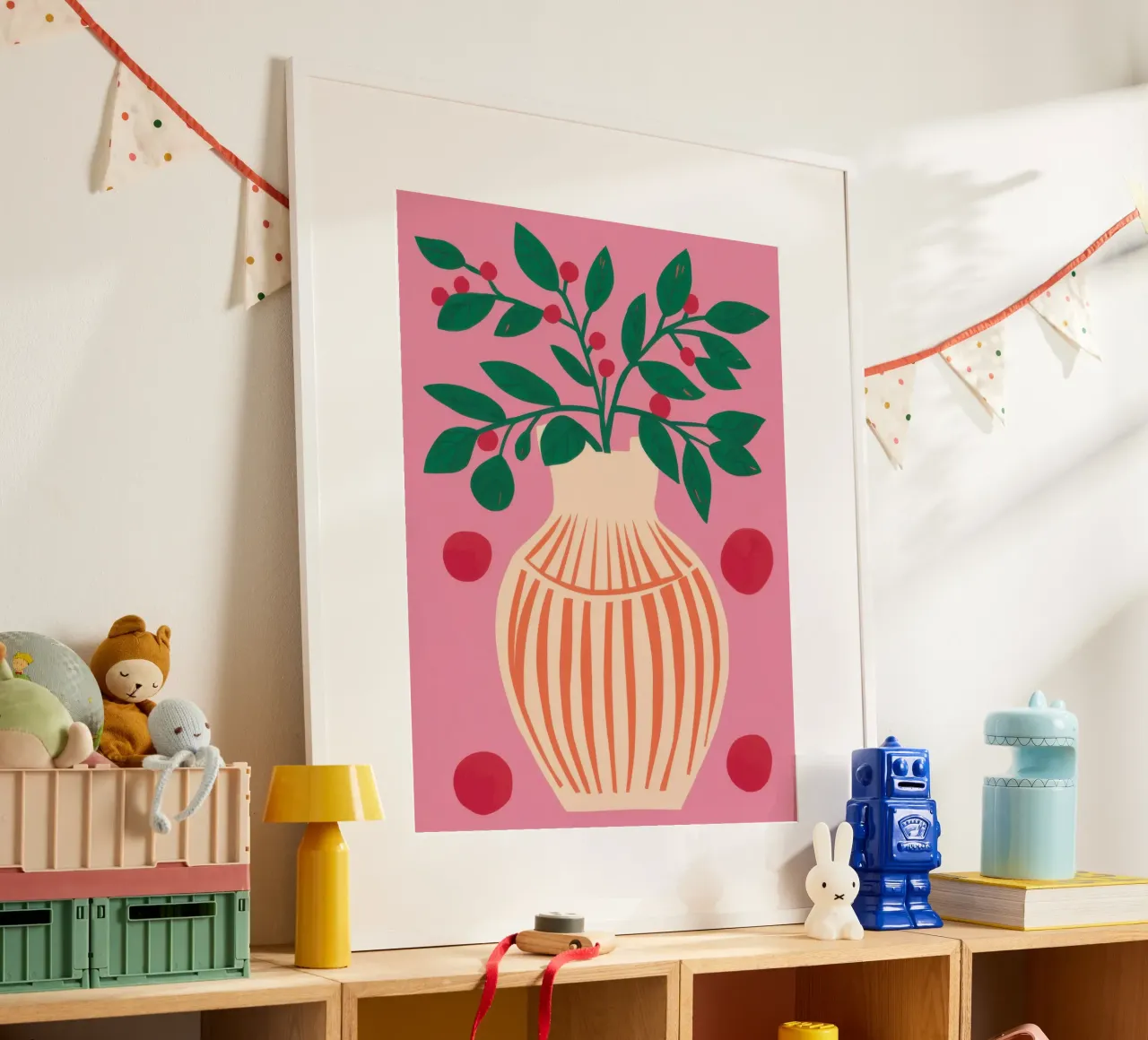 Vaso a righe Pianta rosa poster con telaio in alluminio da Pale Aura
