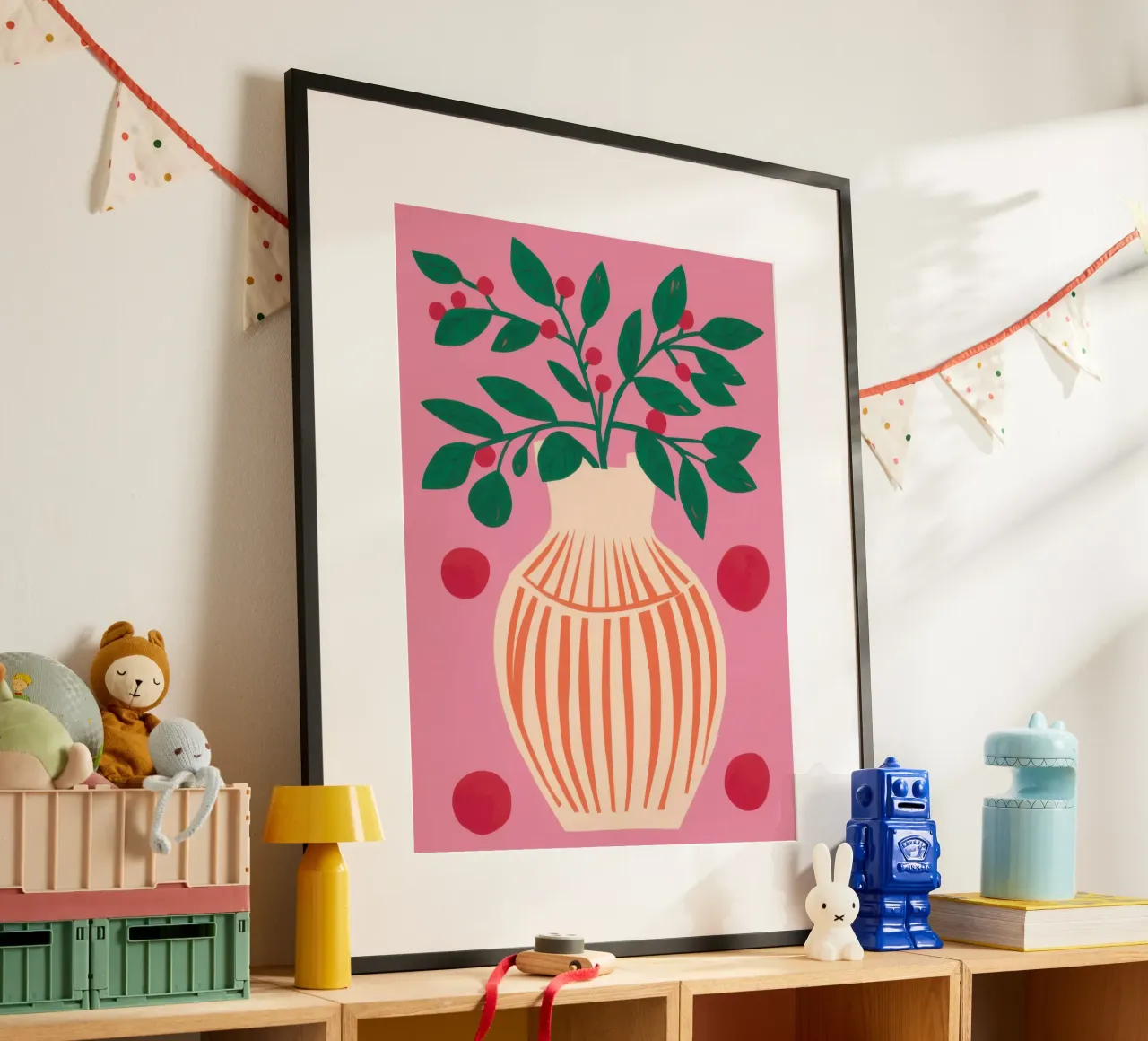 Vaso a righe Pianta rosa poster con telaio in alluminio da Pale Aura