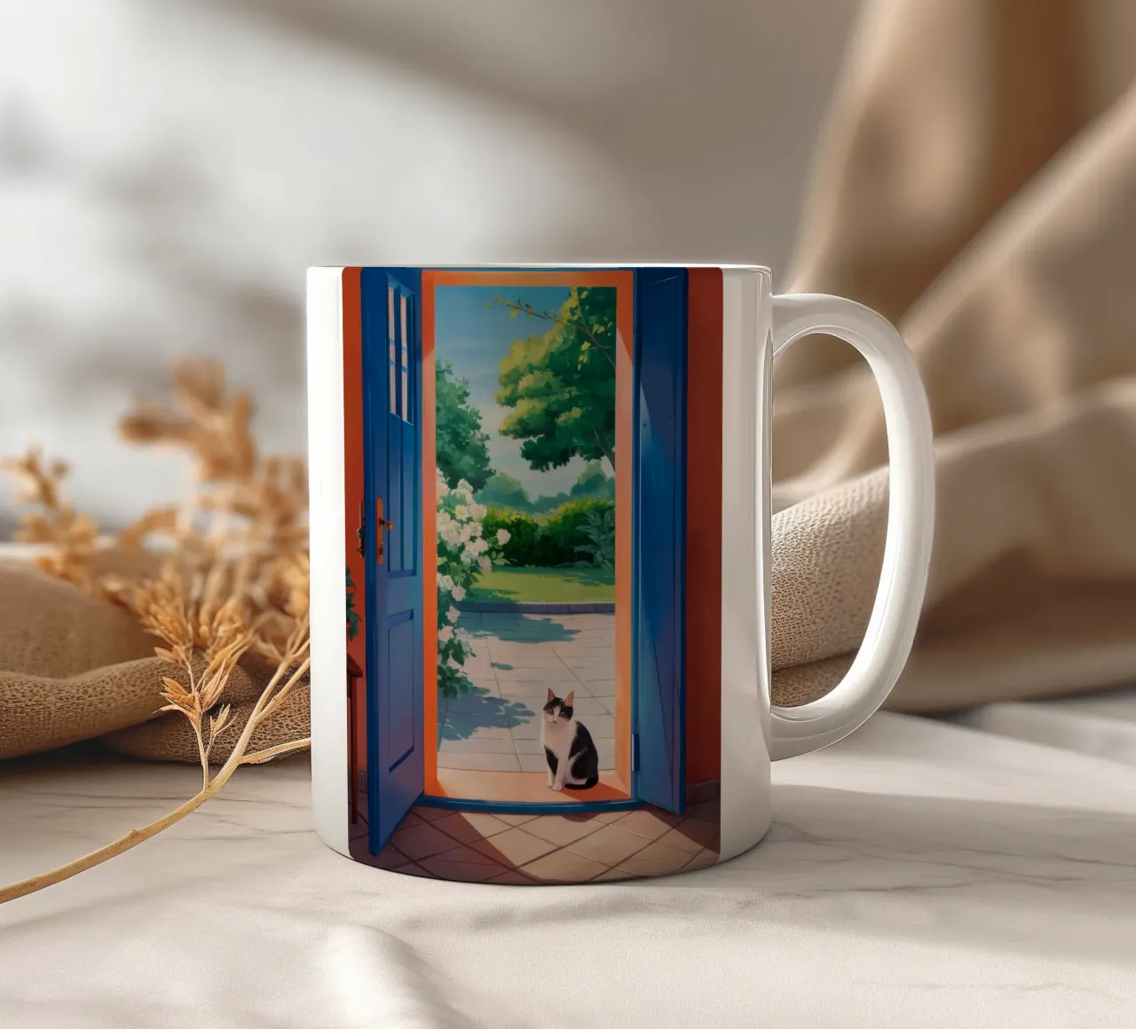 Open Door Cat ceramic mug by Haven Fantasy