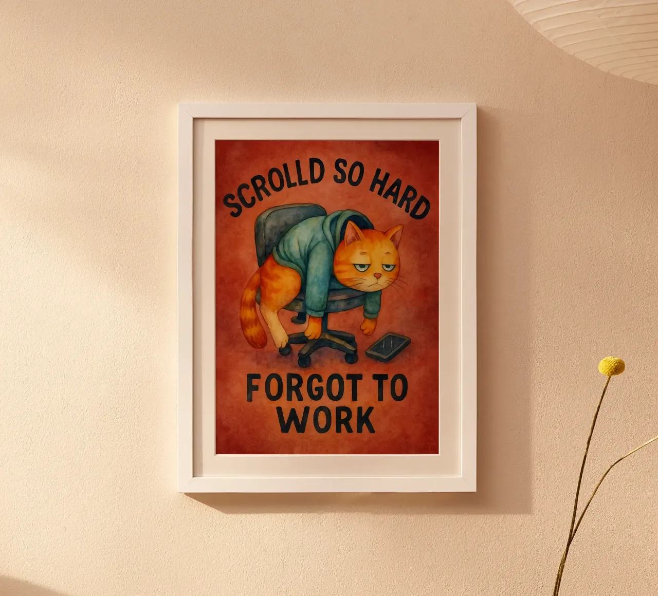 Un gatto divertente che scorre così tanto da dimenticarsi di lavorare poster con telaio in legno da onerules