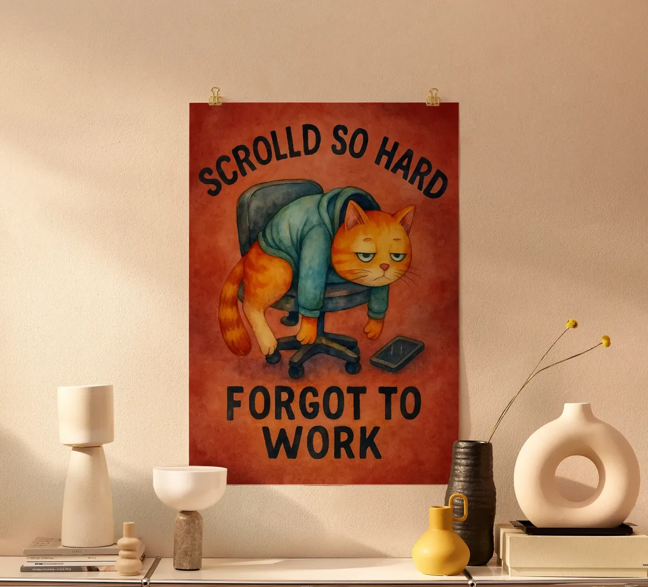 Un gatto divertente che scorre così tanto da dimenticarsi di lavorare poster con telaio in legno da onerules