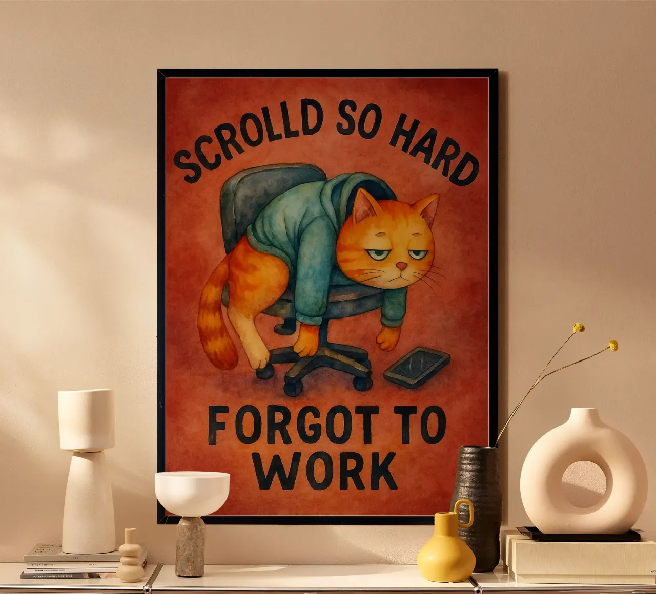 Un gatto divertente che scorre così tanto da dimenticarsi di lavorare poster con telaio in legno da onerules