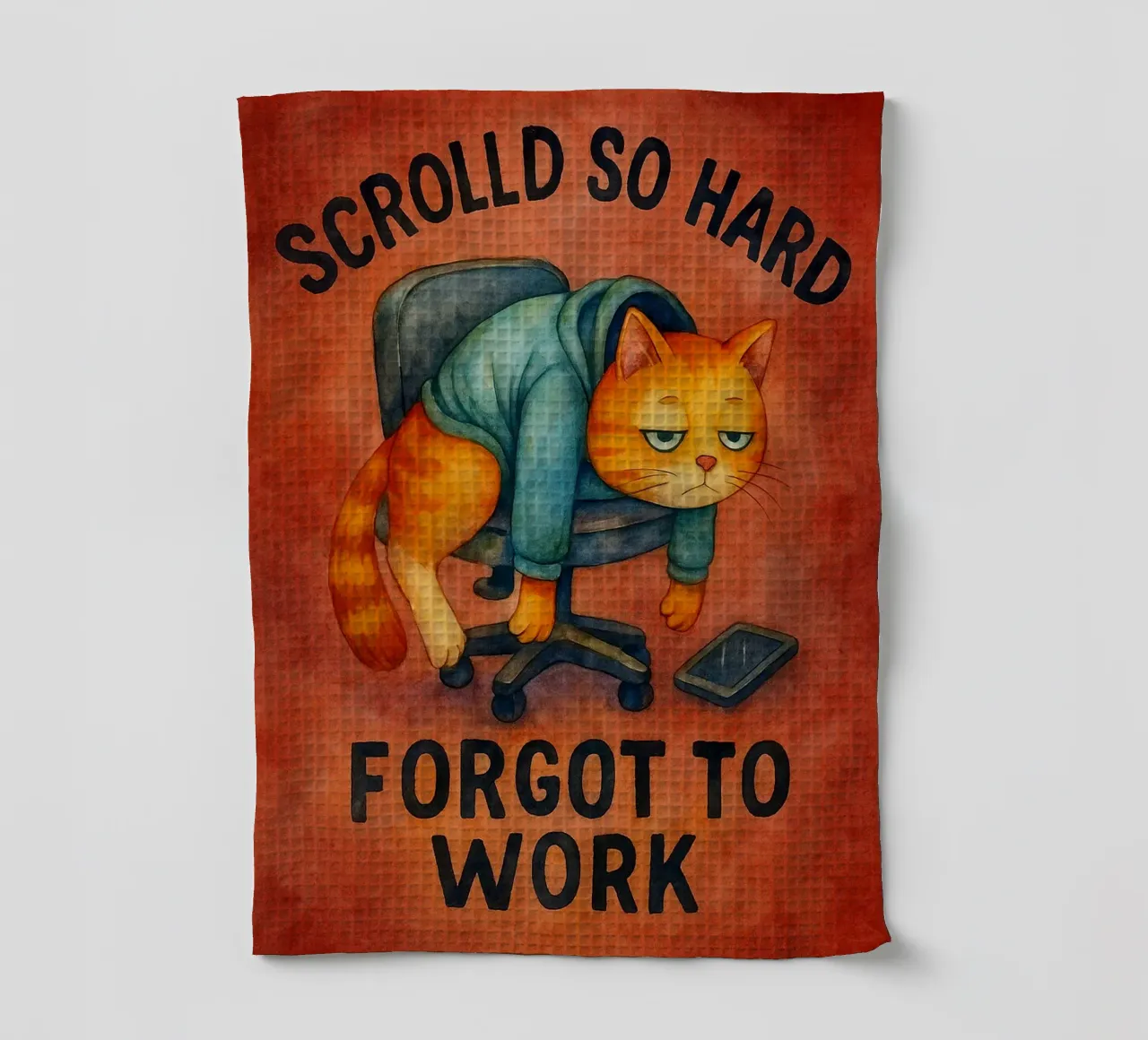 Lustige Katze scrollt so stark, dass sie vergisst zu arbeiten Geschirrtuch von onerules