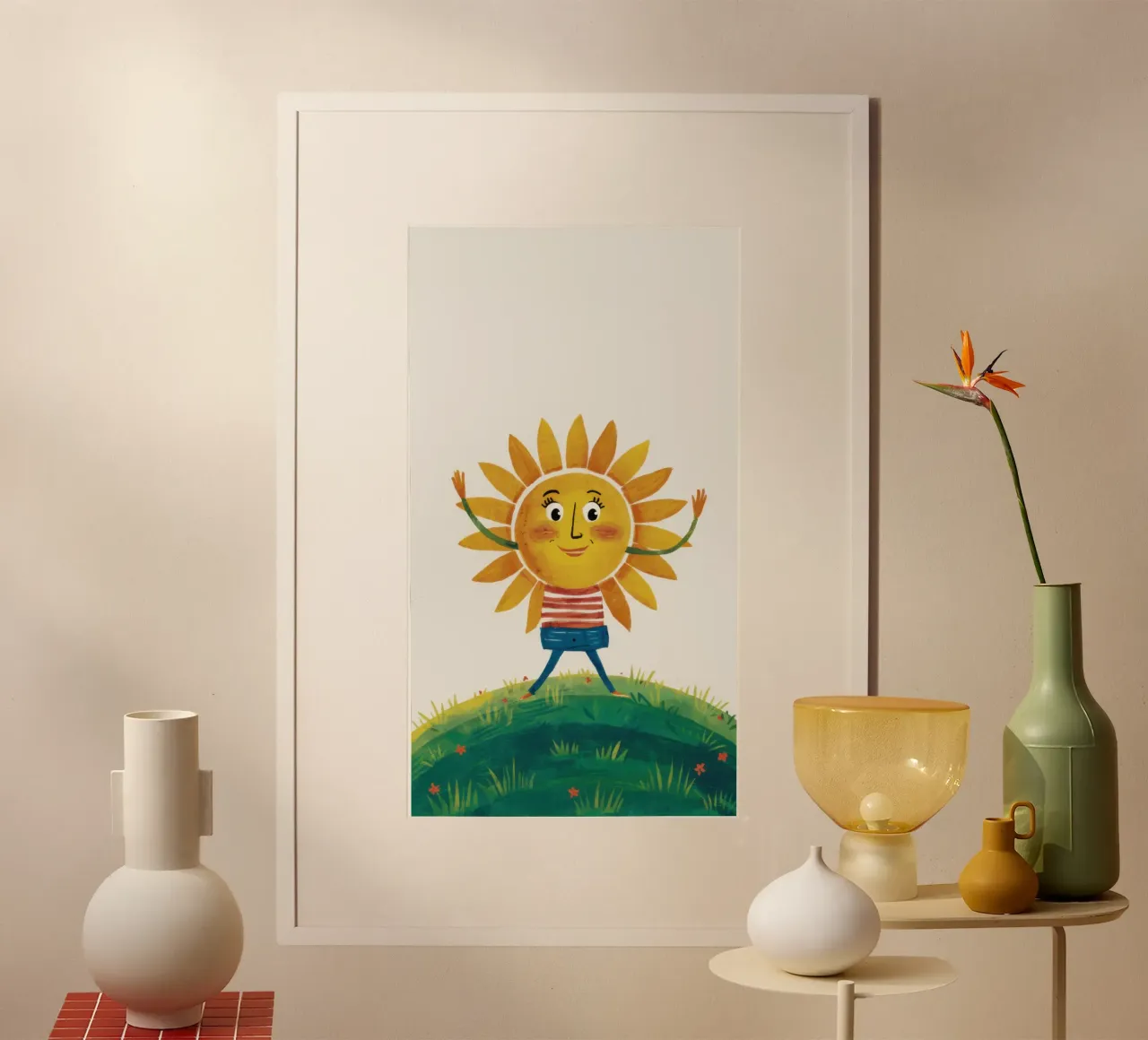 Collina del sole che sorride poster con telaio in plastica da Pale Aura