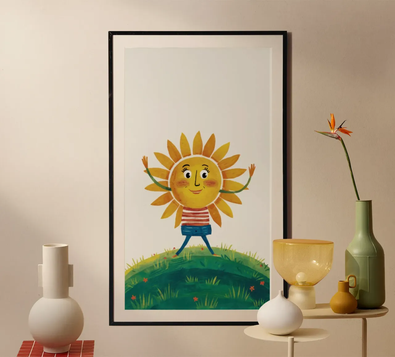 Collina del sole che sorride poster con telaio in plastica da Pale Aura