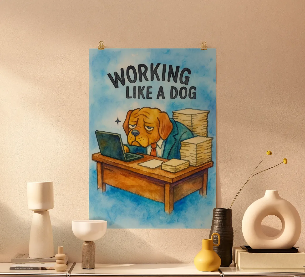 Cane divertente che lavora come un cane poster con telaio in plastica da onerules