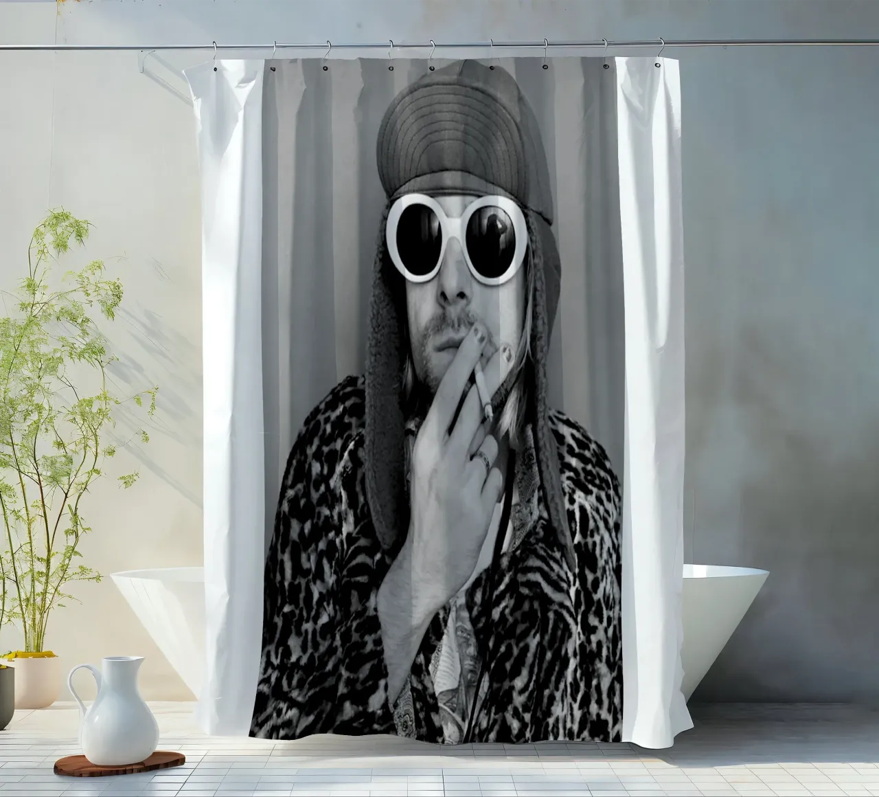 Black And White Kurt Cobain Smoking Poster shower curtain by Has Fab