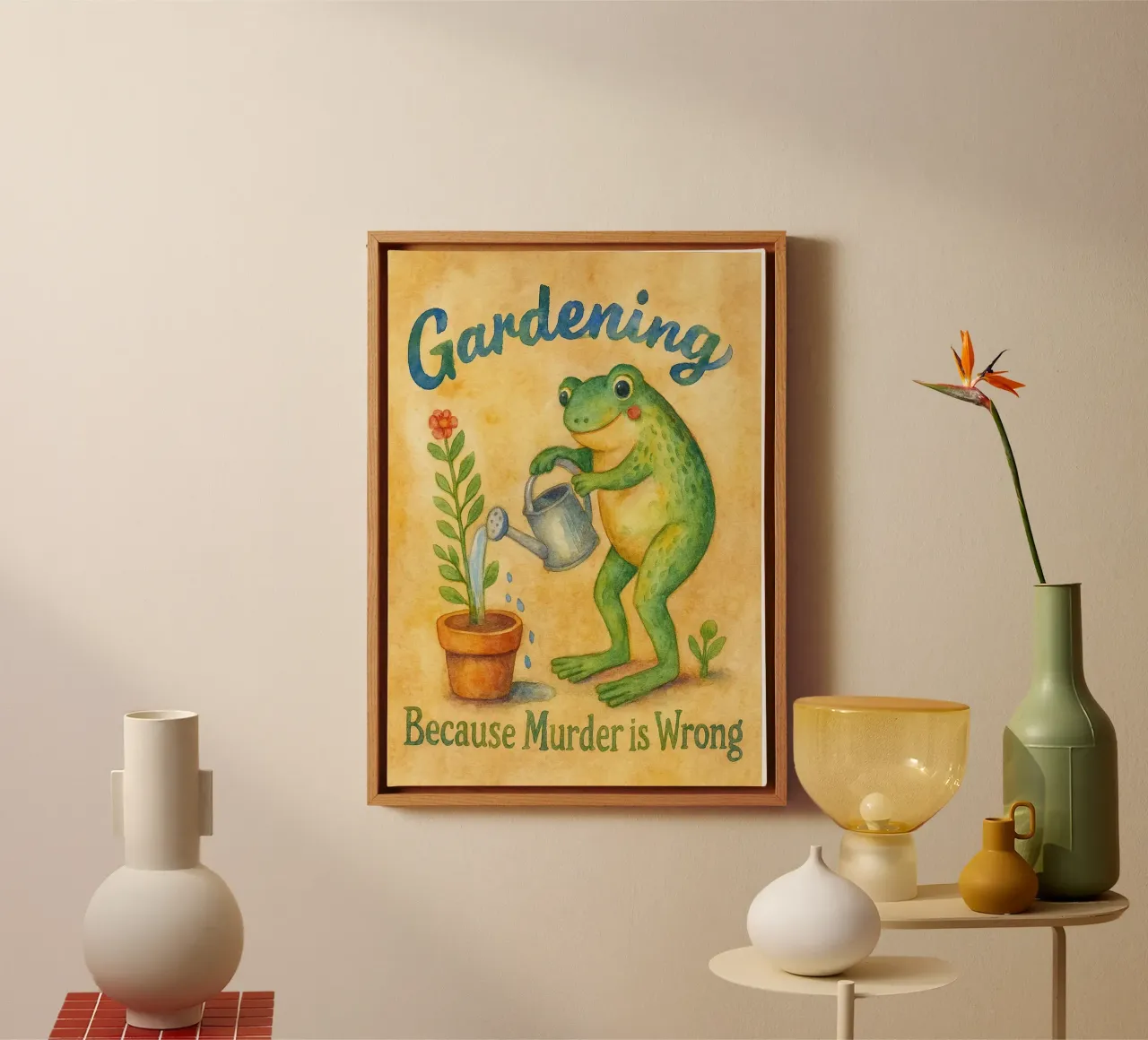 Funny Frog Gardening Because Murder Is Wrong canvas with Floater frame by onerules